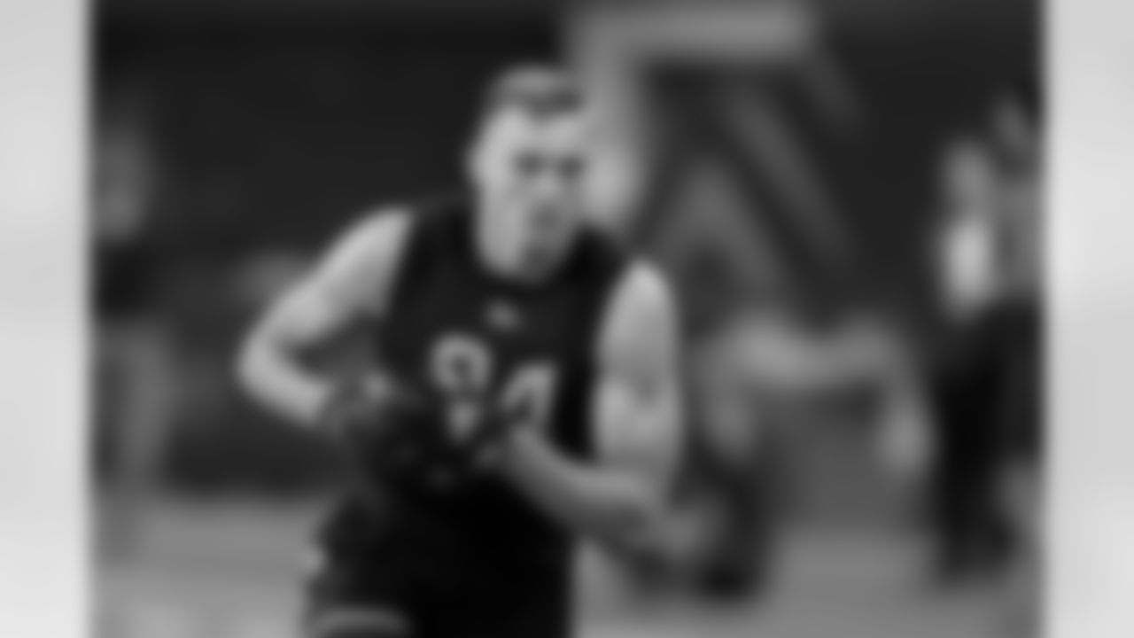 Cincinnati wide receiver Alec Pierce runs a drill during the NFL football scouting combine, Thursday, March 3, 2022, in Indianapolis. (AP Photo/Darron Cummings)