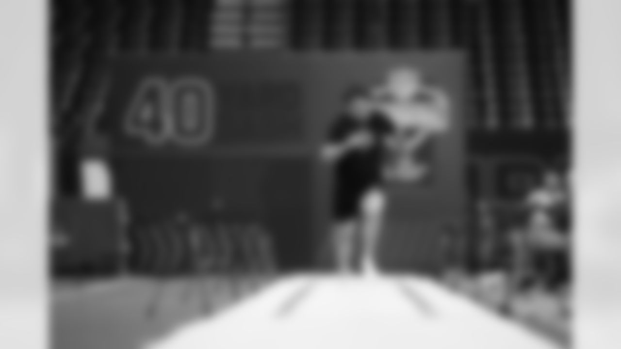 Clemson offensive lineman Blake Miller (35) runs the 40-yard dash during the 2026 NFL Scouting Combine on Sunday, March 1, 2026 in Indianapolis, Indiana. (Cooper Neill/NFL)