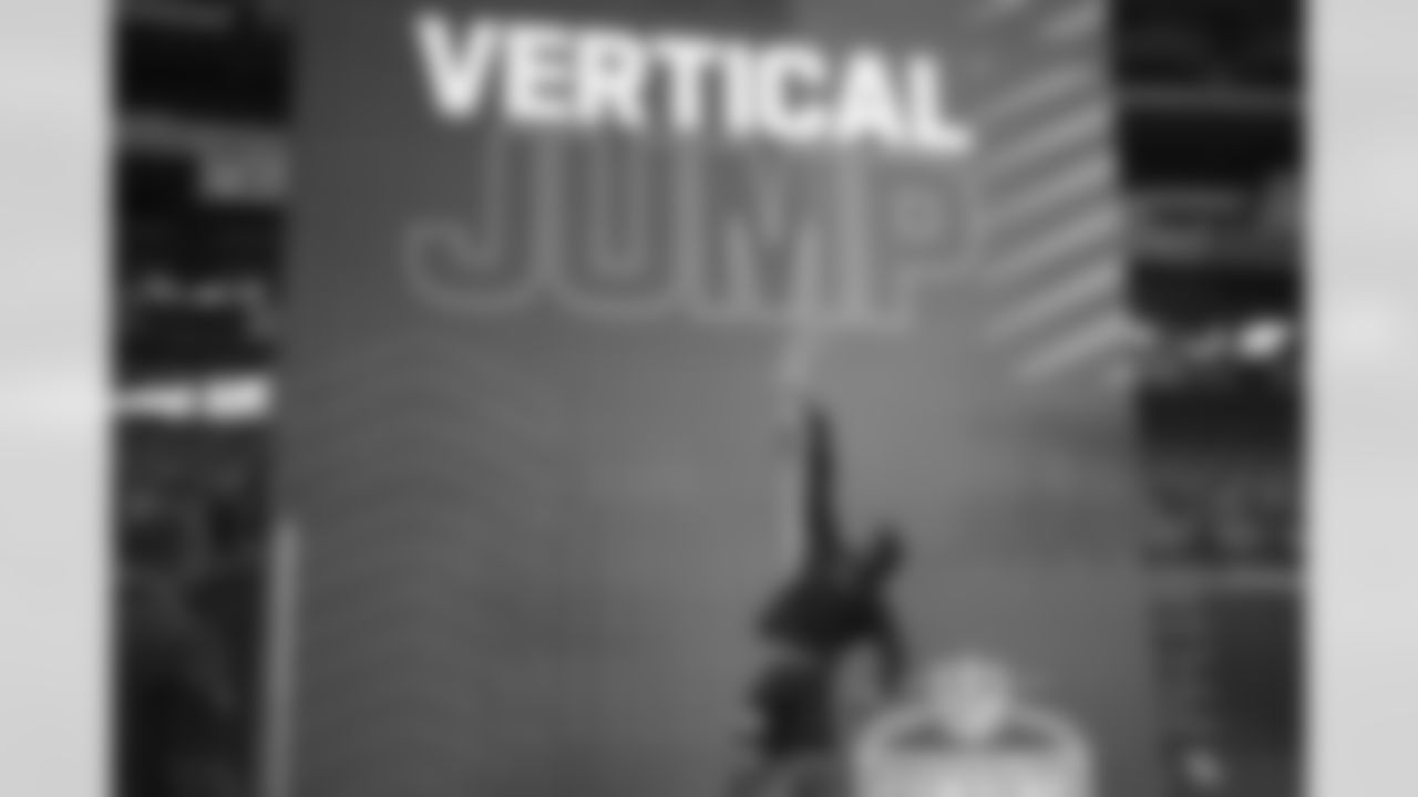 Purdue running back Tyrone Tracy Jr. participates in the vertical jump during the 2024 NFL Scouting Combine on Saturday, March 2, 2024 in Indianapolis, Indiana. (Kevin Sabitus/NFL)