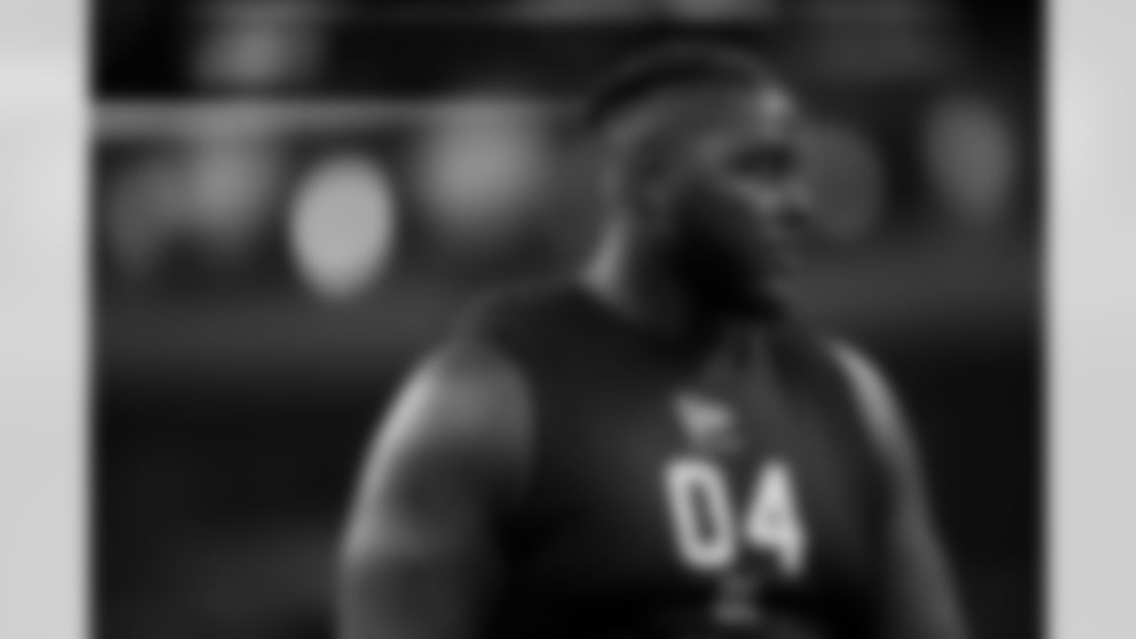 Miami offensive lineman Markel Bell (04) participates in a drill during the 2026 NFL Scouting Combine on Sunday, March 1, 2026 in Indianapolis, Indiana. (Cooper Neill/NFL)