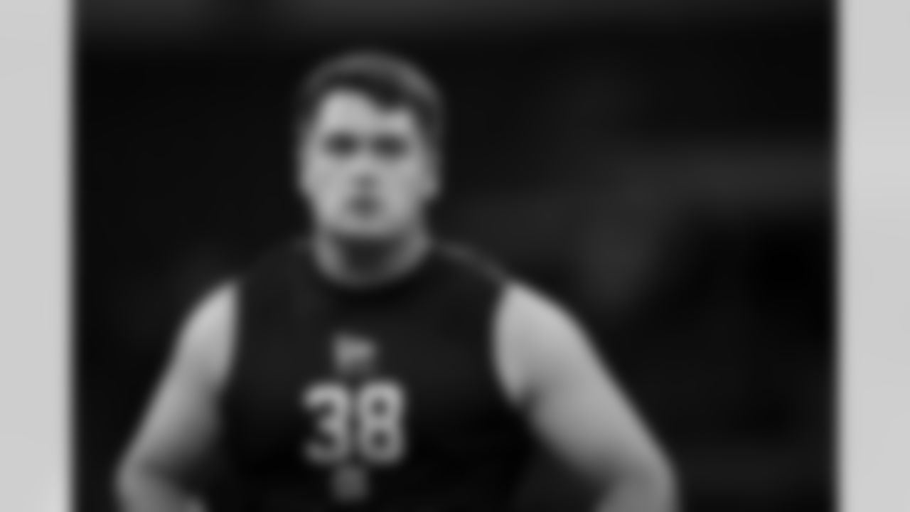 Duke offensive lineman Brian Parker II (38) participates in a drill during the 2026 NFL Scouting Combine on Sunday, March 1, 2026 in Indianapolis, Indiana. (Cooper Neill/NFL)