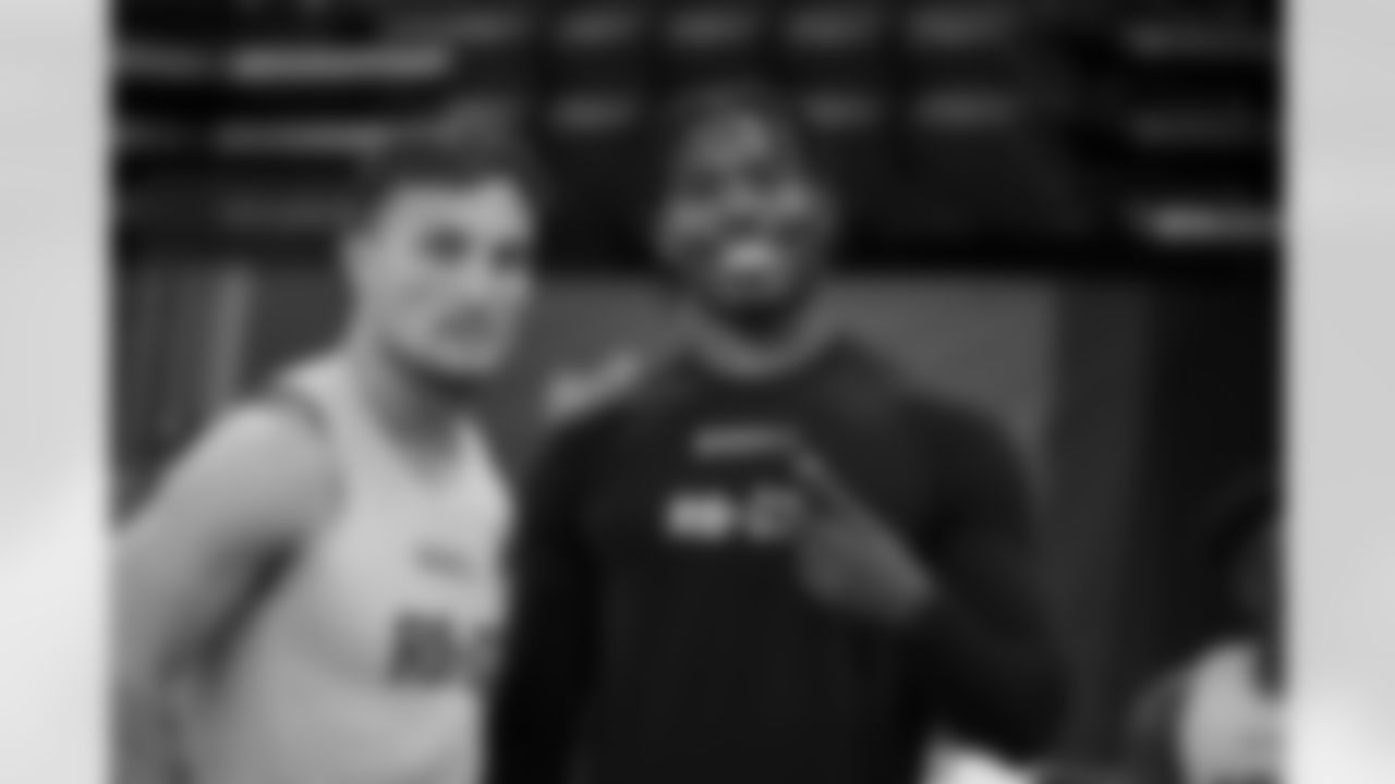 New Hampshire running back Dylan Laube and Purdue running back Tyrone Tracy Jr. pose for a photo during the 2024 NFL Scouting Combine on Saturday, March 2, 2024 in Indianapolis, Indiana. (Kara Durrette/NFL)