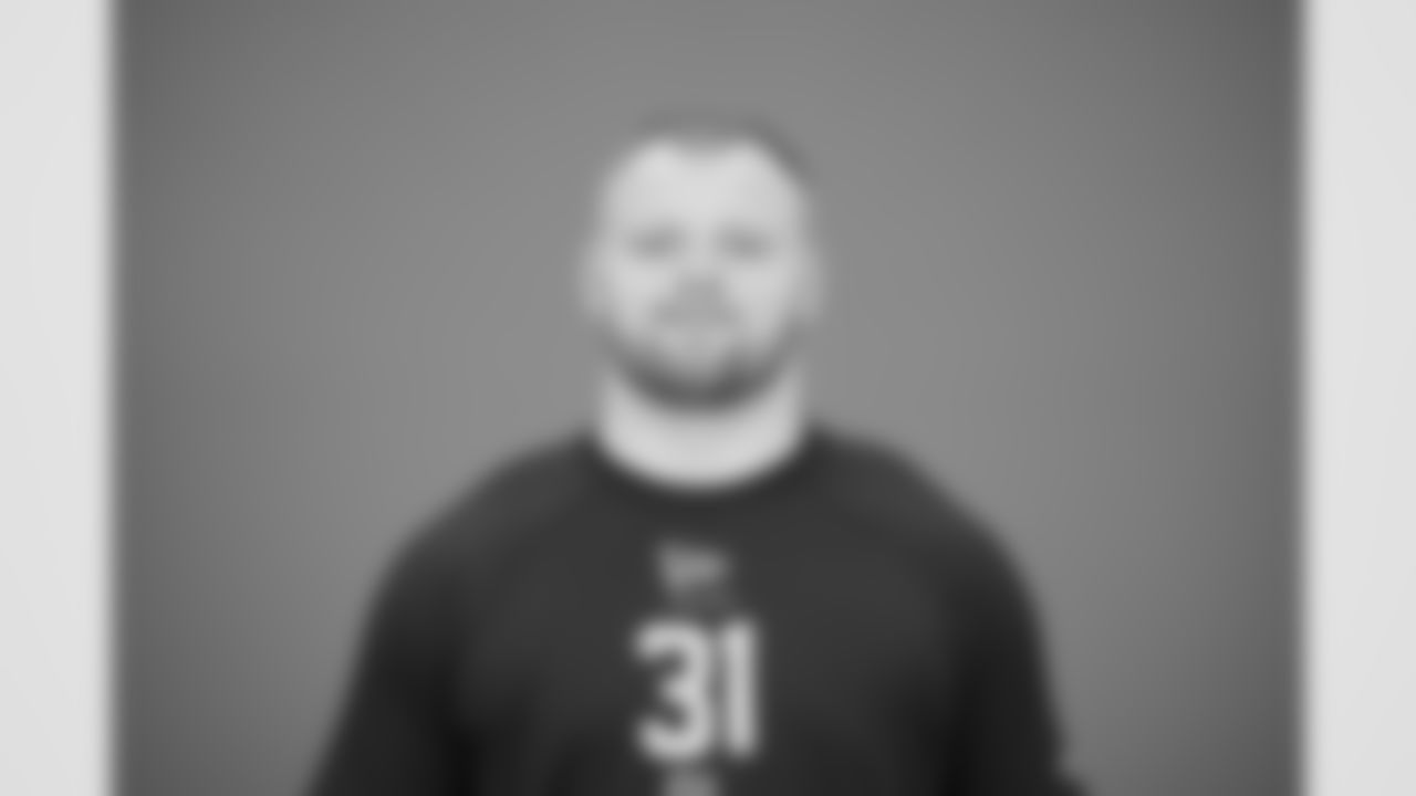 Iowa offensive lineman Logan Jones (31) poses for a portrait at the NFL football scouting combine in Indianapolis, Thursday, Feb. 26, 2026 (AJ Mast/AP Content Services for the NFL)