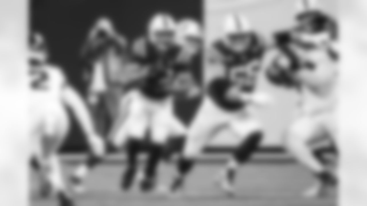 RB Jonathan Taylor #28, QB Daniel Jones #17 and G Quenton Nelson #56