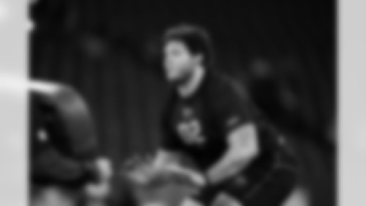 Florida offensive lineman Austin Barber (02) participates in a drill during the 2026 NFL Scouting Combine on Sunday, March 1, 2026 in Indianapolis, Indiana. (Cooper Neill/NFL)