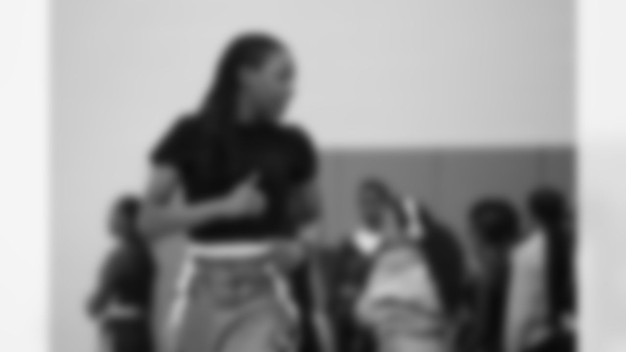 A student participates in a drill during a GENYOUth clinic on Tuesday, Feb. 24, 2026, at Fall Creek Valley Middle School in Indianapolis. (Jerod Ringwald/AP Content Services for the NFL)