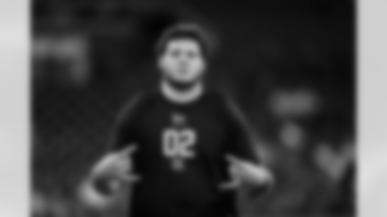 Florida offensive lineman Austin Barber (02) participates in a drill during the 2026 NFL Scouting Combine on Sunday, March 1, 2026 in Indianapolis, Indiana. (Cooper Neill/NFL)