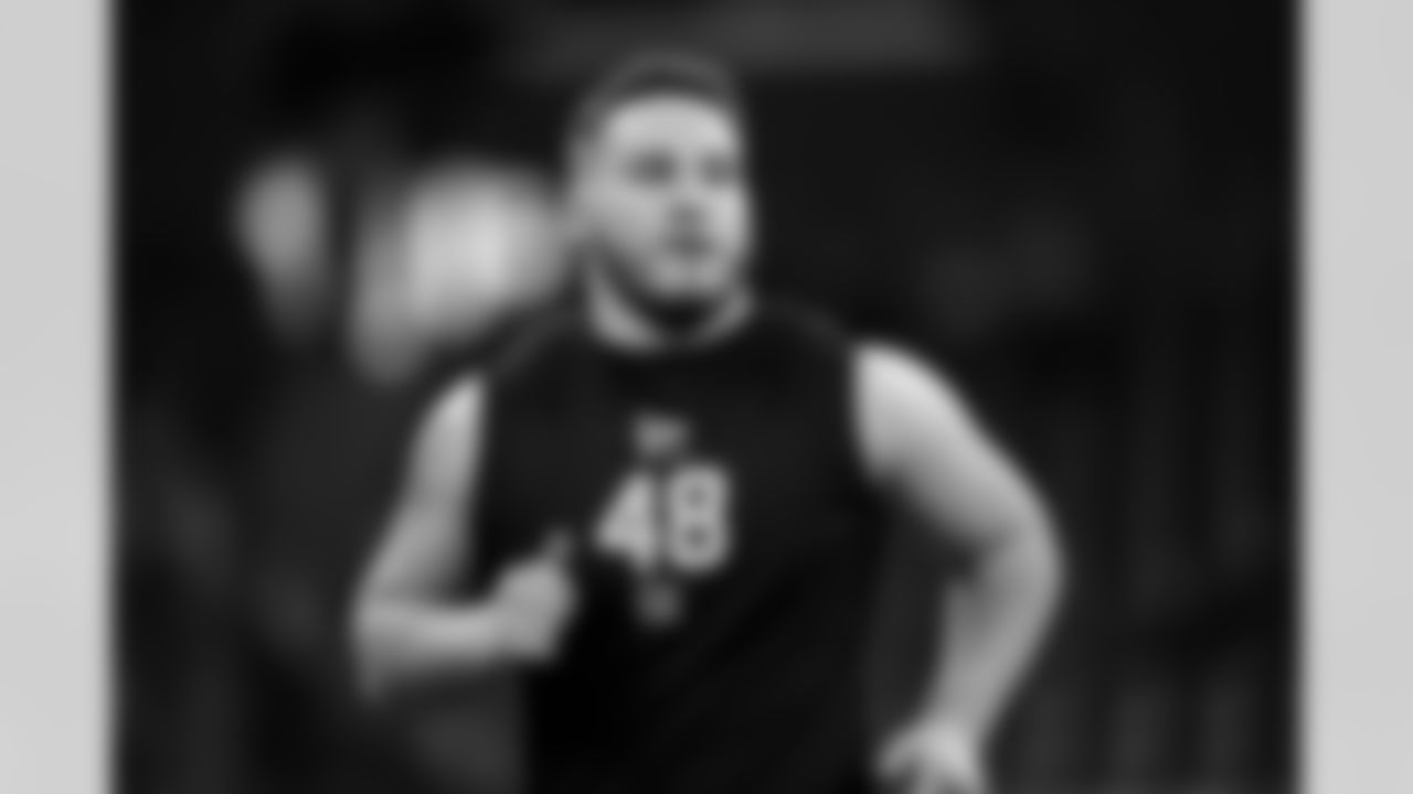 Iowa offensive lineman Beau Stephens (48) participates in a drill during the 2026 NFL Scouting Combine on Sunday, March 1, 2026 in Indianapolis, Indiana. (Cooper Neill/NFL)