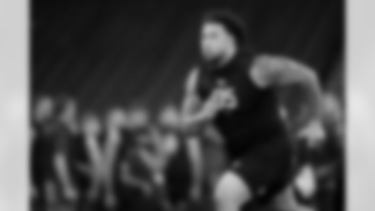 Texas A&M offensive lineman Chase Bisontis (05) participates in a drill during the 2026 NFL Scouting Combine on Sunday, March 1, 2026 in Indianapolis, Indiana. (Cooper Neill/NFL)