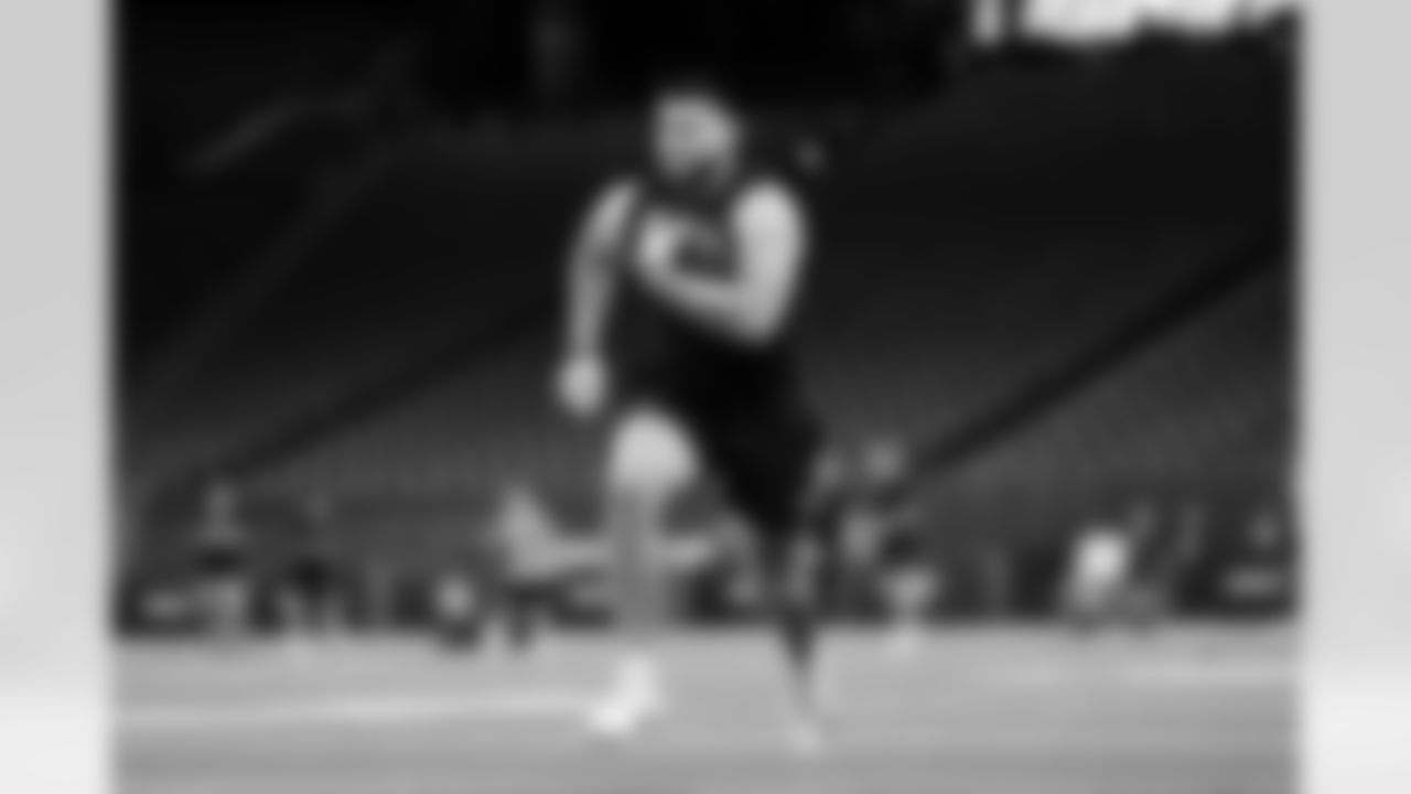 Alabama tight end Josh Cuevas (03) participates in a drill during the 2026 NFL Scouting Combine on Friday, February 27, 2026 in Indianapolis, Indiana. (Cooper Neill/NFL)