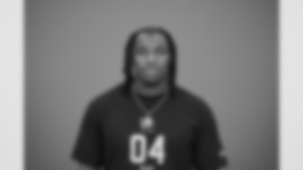 Washington running back Jonah Coleman (04) poses for a portrait at the NFL football scouting combine in Indianapolis, Wednesday, Feb. 25, 2026 (AJ Mast/AP Content Services for the NFL)