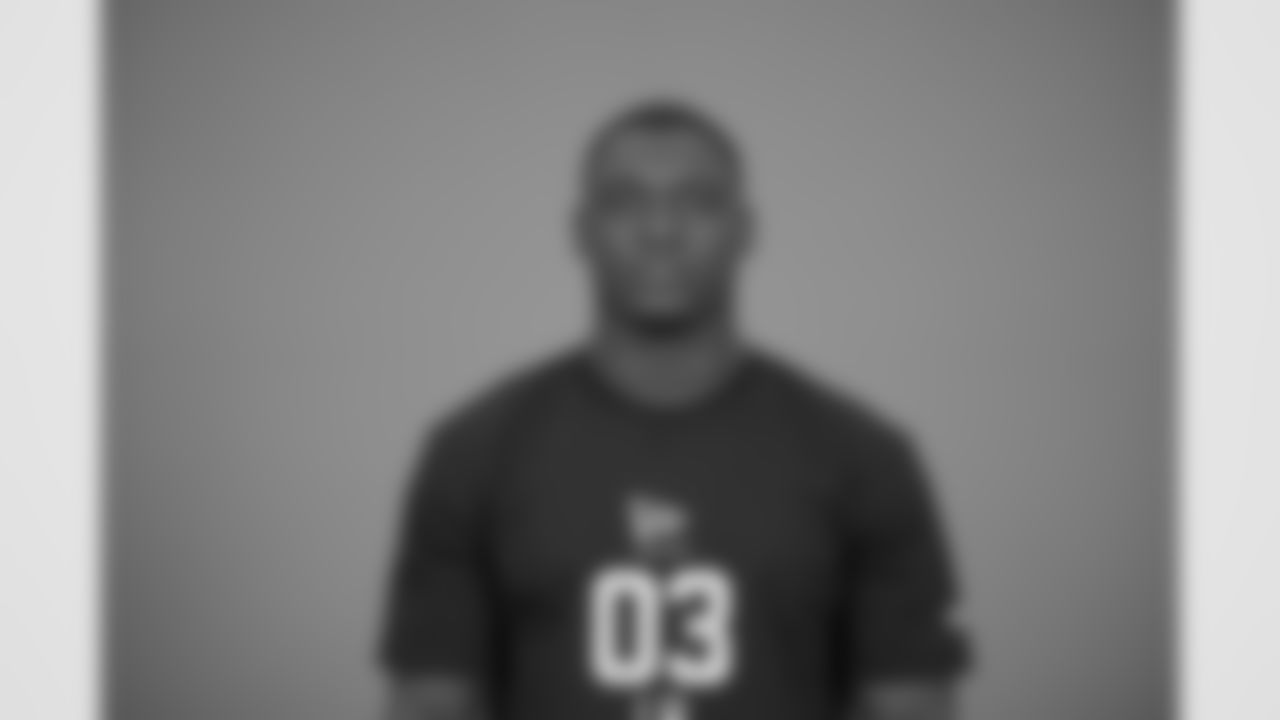 Miami linebacker Wesley Bissainthe (03) poses for a portrait at the NFL football scouting combine in Indianapolis, Tuesday, Feb. 24, 2026 (AJ Mast/AP Content Services for the NFL)