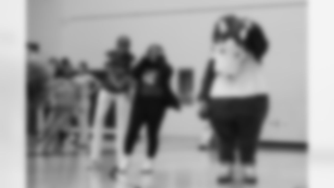 Colts mascot Blue reacts to a drill during a GENYOUth clinic on Tuesday, Feb. 24, 2026, at Fall Creek Valley Middle School in Indianapolis. (Jerod Ringwald/AP Content Services for the NFL)