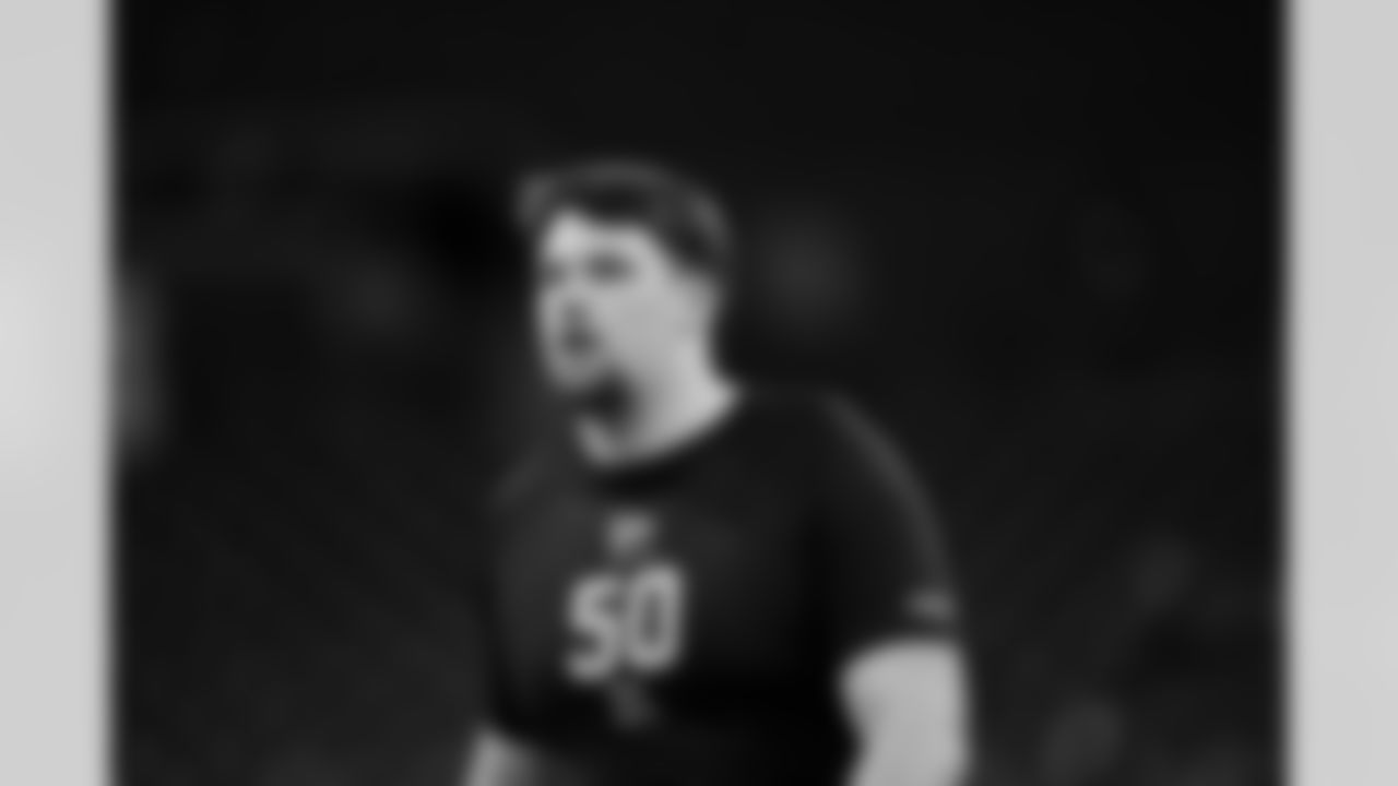 Northwestern offensive lineman Caleb Tiernan (50) participates in a drill during the 2026 NFL Scouting Combine on Sunday, March 1, 2026 in Indianapolis, Indiana. (Cooper Neill/NFL)