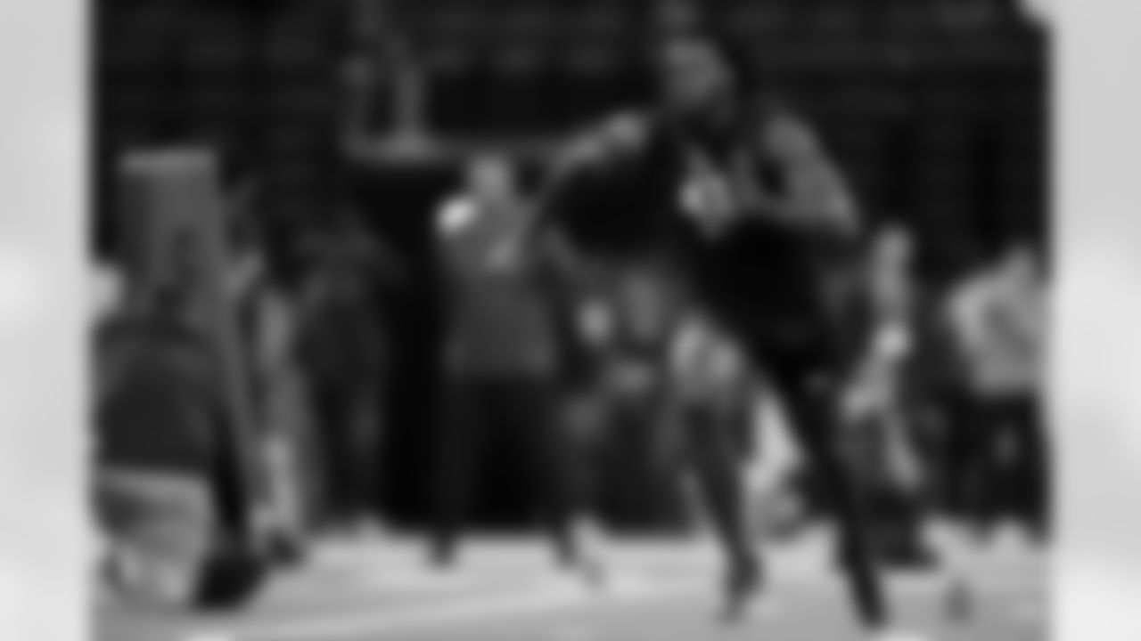 Boston College defensive lineman Quintayvious Hutchins (43) participates in a drill during the 2026 NFL Scouting Combine on Thursday, February 26, 2026 in Indianapolis, Indiana. (Cooper Neill/NFL)