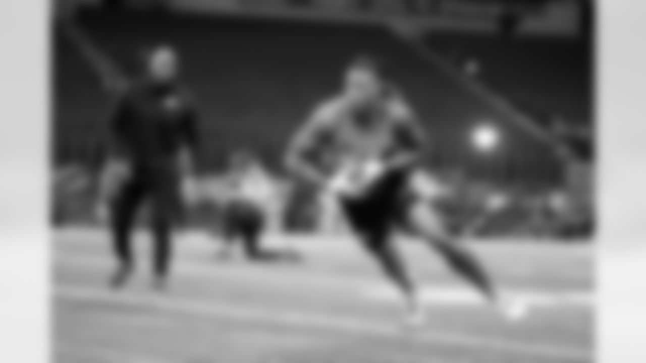 Texas A&M defensive back Jaylon Jones runs a drill at the NFL football scouting combine in Indianapolis, Friday, March 3, 2023. (AP Photo/Michael Conroy)