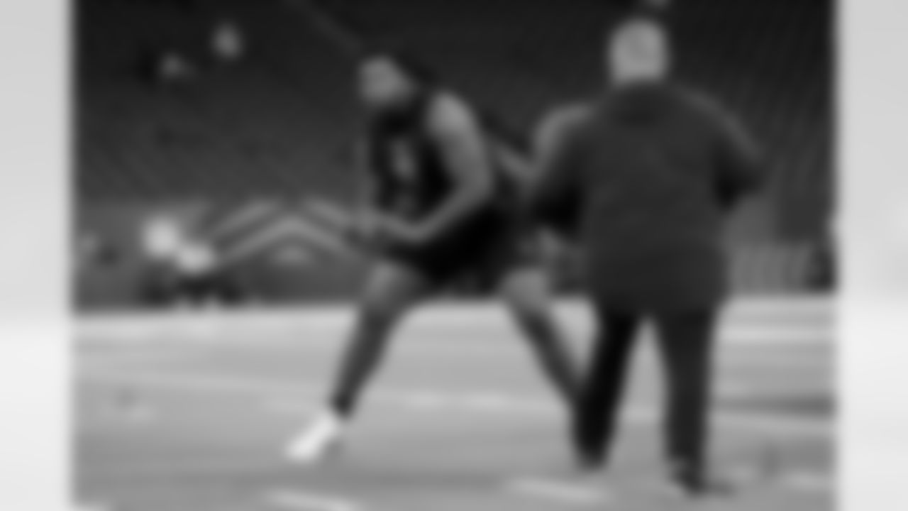 Memphis offensive lineman Chris Adams (01) participates in a drill during the 2026 NFL Scouting Combine on Sunday, March 1, 2026 in Indianapolis, Indiana. (Lauren Leigh Bacho/NFL)