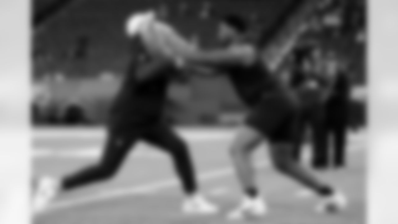 Memphis offensive lineman Chris Adams (01) participates in a drill during the 2026 NFL Scouting Combine on Sunday, March 1, 2026 in Indianapolis, Indiana. (Lauren Leigh Bacho/NFL)