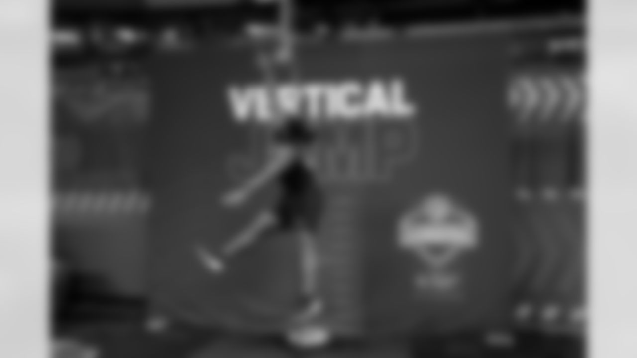 South Carolina defensive lineman Nick Barrett (03) participates in the vertical jump during the 2026 NFL Scouting Combine on Thursday, February 26, 2026 in Indianapolis, Indiana. (Lauren Leigh Bacho/NFL)