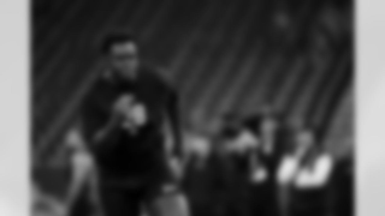 Maryland offensive lineman Alan Herron (28) participates in a drill during the 2026 NFL Scouting Combine on Sunday, March 1, 2026 in Indianapolis, Indiana. (Cooper Neill/NFL)