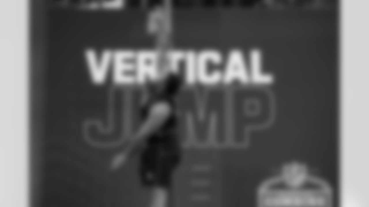 Oklahoma defensive lineman Gracen Halton (13) participates in the vertical jump during the 2026 NFL Scouting Combine on Thursday, February 26, 2026 in Indianapolis, Indiana. (Lauren Leigh Bacho/NFL)