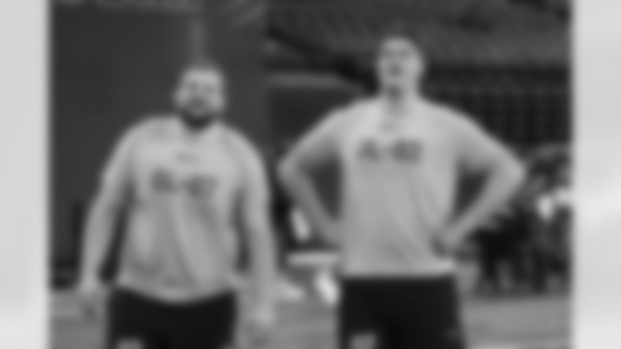 Kansas State offensive lineman Cooper Beebe and Notre Dame offensive lineman Joe Alt look on during the 2024 NFL Scouting Combine on Sunday, March 3, 2024 in Indianapolis, Indiana. (Kara Durrette/NFL)