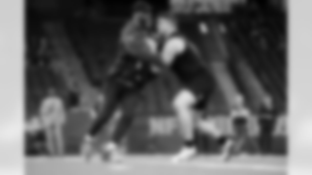Boise State offensive lineman Kage Casey (13) participates in a drill during the 2026 NFL Scouting Combine on Sunday, March 1, 2026 in Indianapolis, Indiana. (Cooper Neill/NFL)
