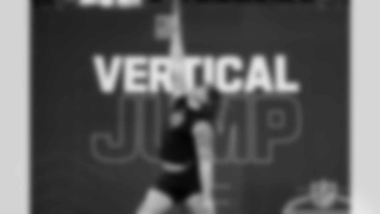 Iowa offensive lineman Gennings Dunker (20) participates in the vertical jump during the 2026 NFL Scouting Combine on Sunday, March 1, 2026 in Indianapolis, Indiana. (Lauren Leigh Bacho/NFL)