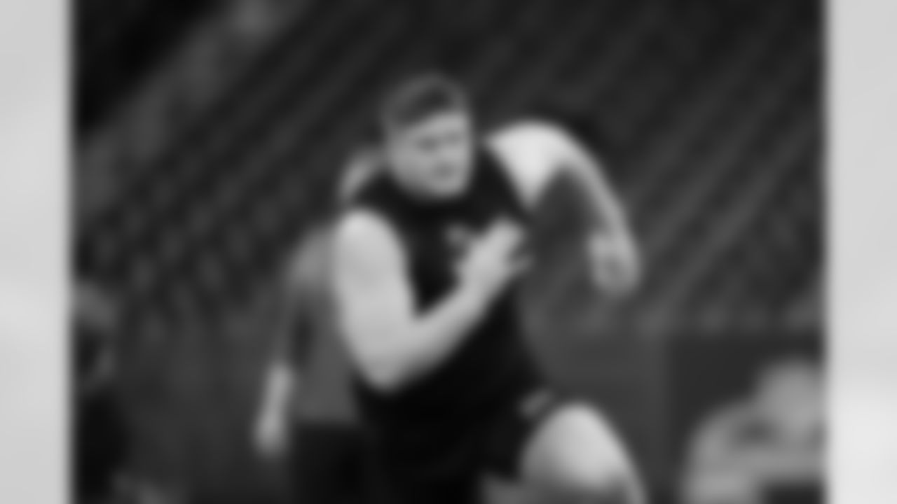 Boise State offensive lineman Kage Casey (13)  participates in a drill during the 2026 NFL Scouting Combine on Sunday, March 1, 2026 in Indianapolis, Indiana. (Cooper Neill/NFL)