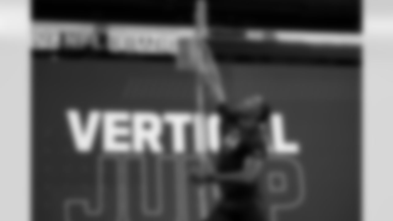 Kansas State defensive back VJ Payne (44) participates in the vertical jump during the 2026 NFL Scouting Combine on Friday, February 27, 2026 in Indianapolis, Indiana. (Lauren Leigh Bacho/NFL)