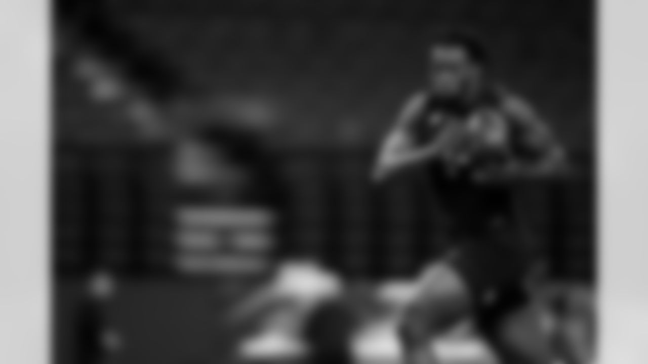 Boston College defensive lineman Quintayvious Hutchins (43) participates in a drill during the 2026 NFL Scouting Combine on Thursday, February 26, 2026 in Indianapolis, Indiana. (Cooper Neill/NFL)