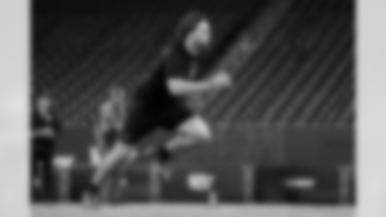 Clemson offensive lineman Blake Miller (35) participates in a drill during the 2026 NFL Scouting Combine on Sunday, March 1, 2026 in Indianapolis, Indiana. (Lauren Leigh Bacho/NFL)