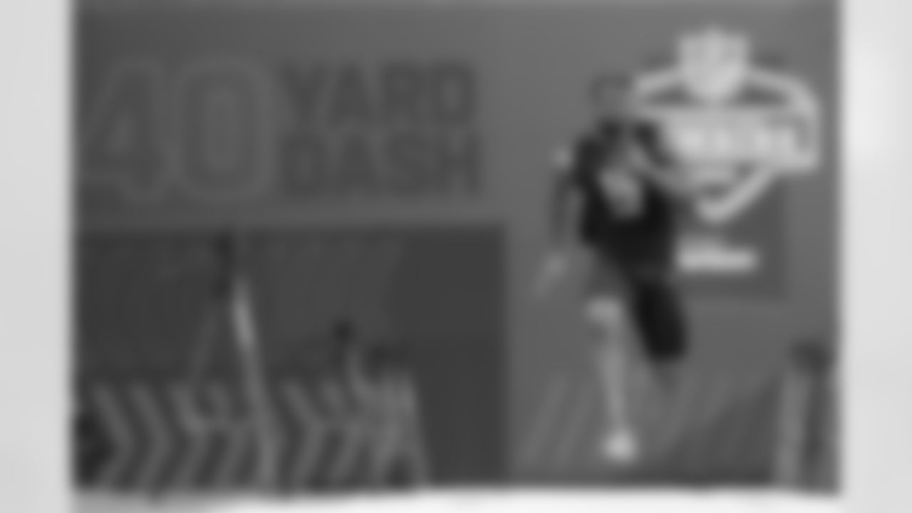 Iowa running back Tyler Goodson runs the 40-yard dash during the NFL football scouting combine, Friday, March 4, 2022, in Indianapolis. (AP Photo/Darron Cummings)