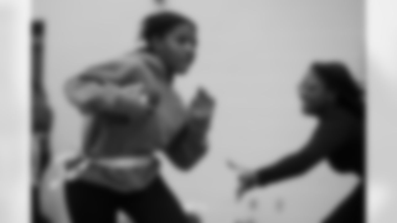 A student participates in a drill during a GENYOUth clinic on Tuesday, Feb. 24, 2026, at Fall Creek Valley Middle School in Indianapolis. (Jerod Ringwald/AP Content Services for the NFL)