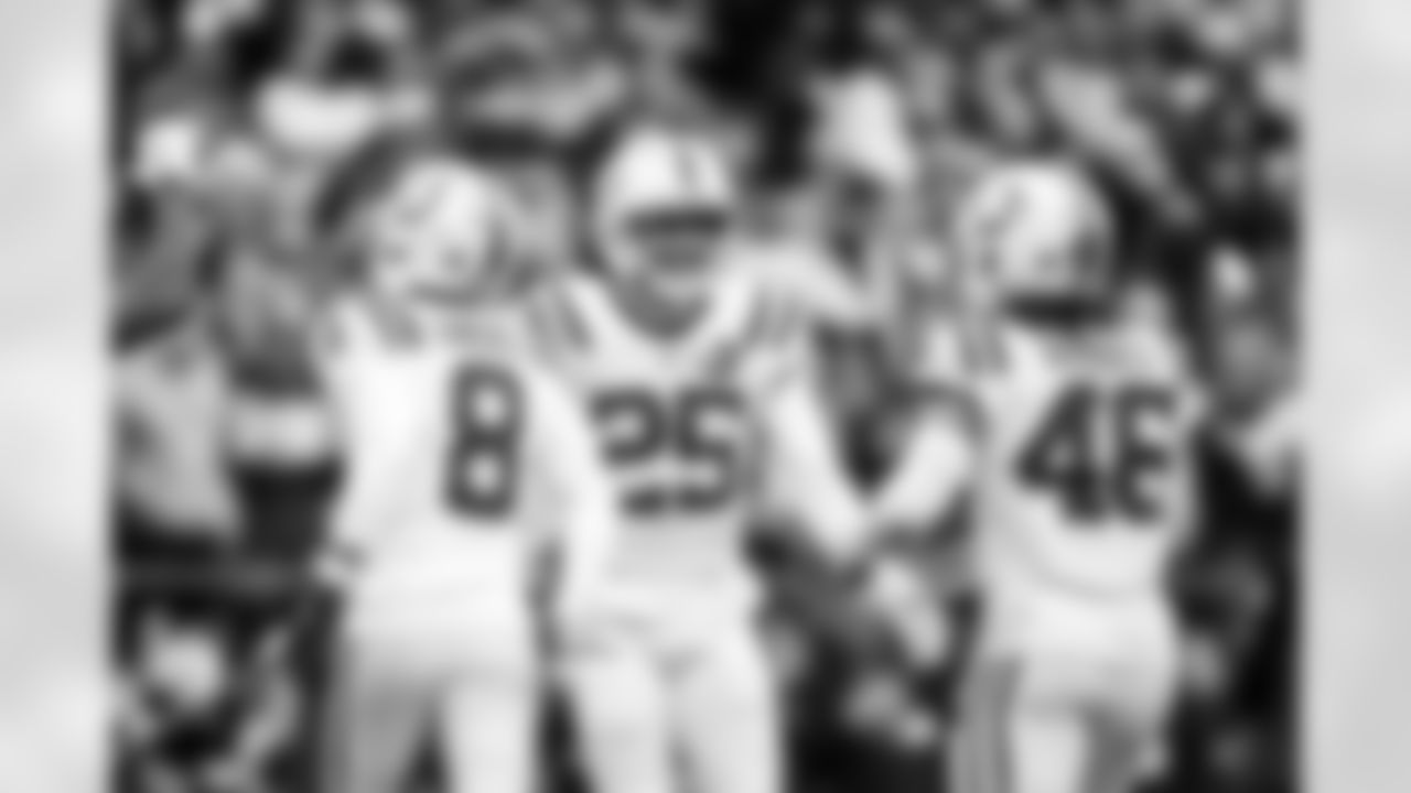 P Rigoberto Sanchez #8, S Rodney Thomas II #25 and LS Luke Rhodes #46