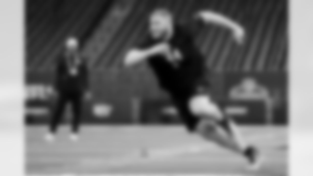 Georgia Tech offensive lineman Keylan Rutledge (44) participates in a drill during the 2026 NFL Scouting Combine on Sunday, March 1, 2026 in Indianapolis, Indiana. (Lauren Leigh Bacho/NFL)