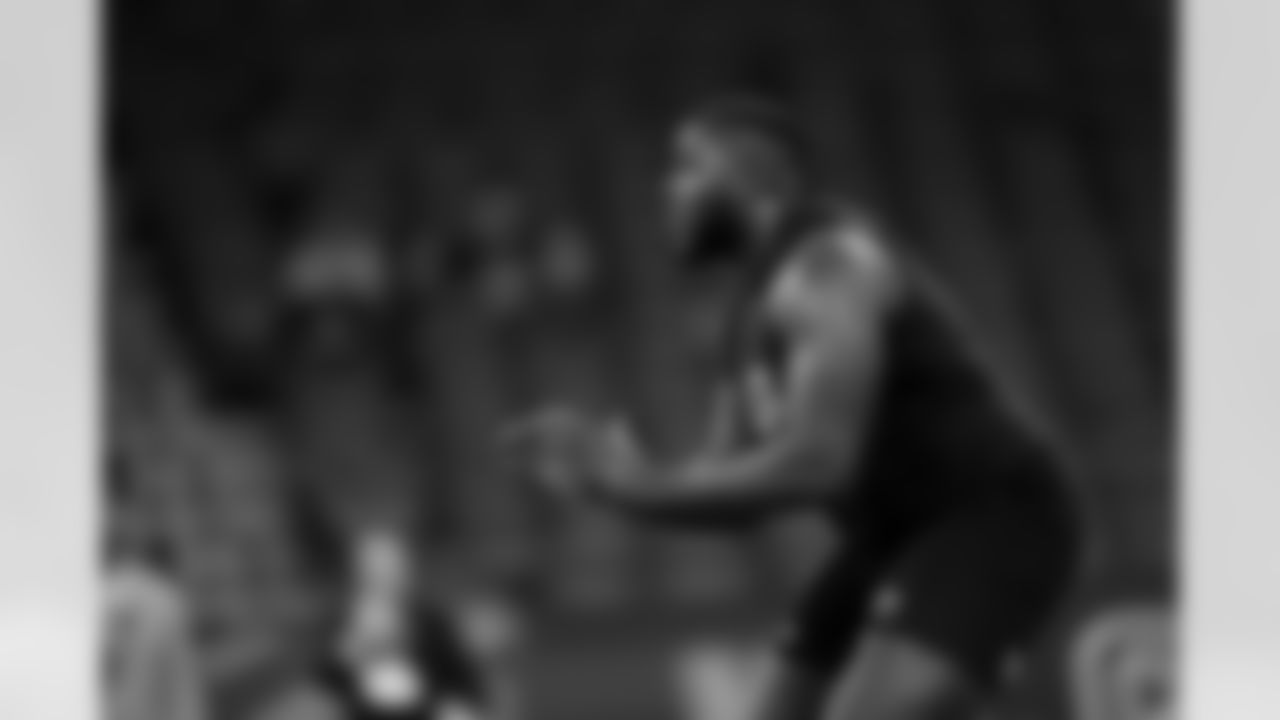 Miami offensive lineman Markel Bell (04) participates in a drill during the 2026 NFL Scouting Combine on Sunday, March 1, 2026 in Indianapolis, Indiana. (Cooper Neill/NFL)