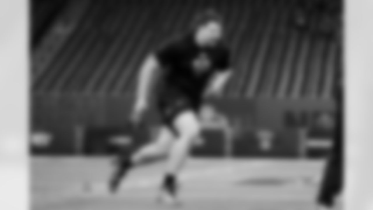 Northwestern offensive lineman Caleb Tiernan (50) participates in a drill during the 2026 NFL Scouting Combine on Sunday, March 1, 2026 in Indianapolis, Indiana. (Lauren Leigh Bacho/NFL)