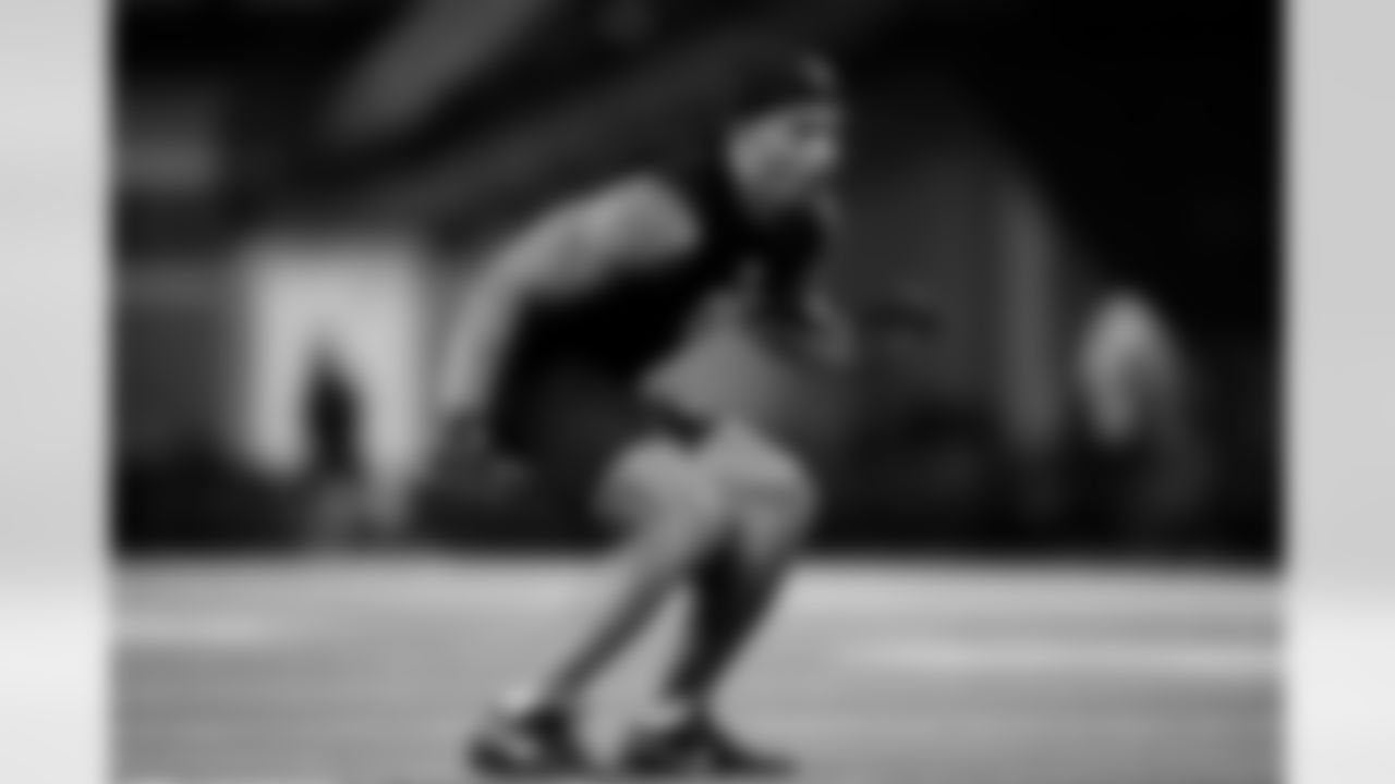 TCU linebacker Kaleb Elarms-Orr (06) participates in a drill during the 2026 NFL Scouting Combine on Thursday, February 26, 2026 in Indianapolis, Indiana. (Cooper Neill/NFL)