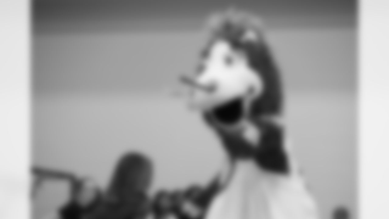 Colts mascot Blue helps out with a drill during a GENYOUth clinic on Tuesday, Feb. 24, 2026, at Fall Creek Valley Middle School in Indianapolis. (Jerod Ringwald/AP Content Services for the NFL)