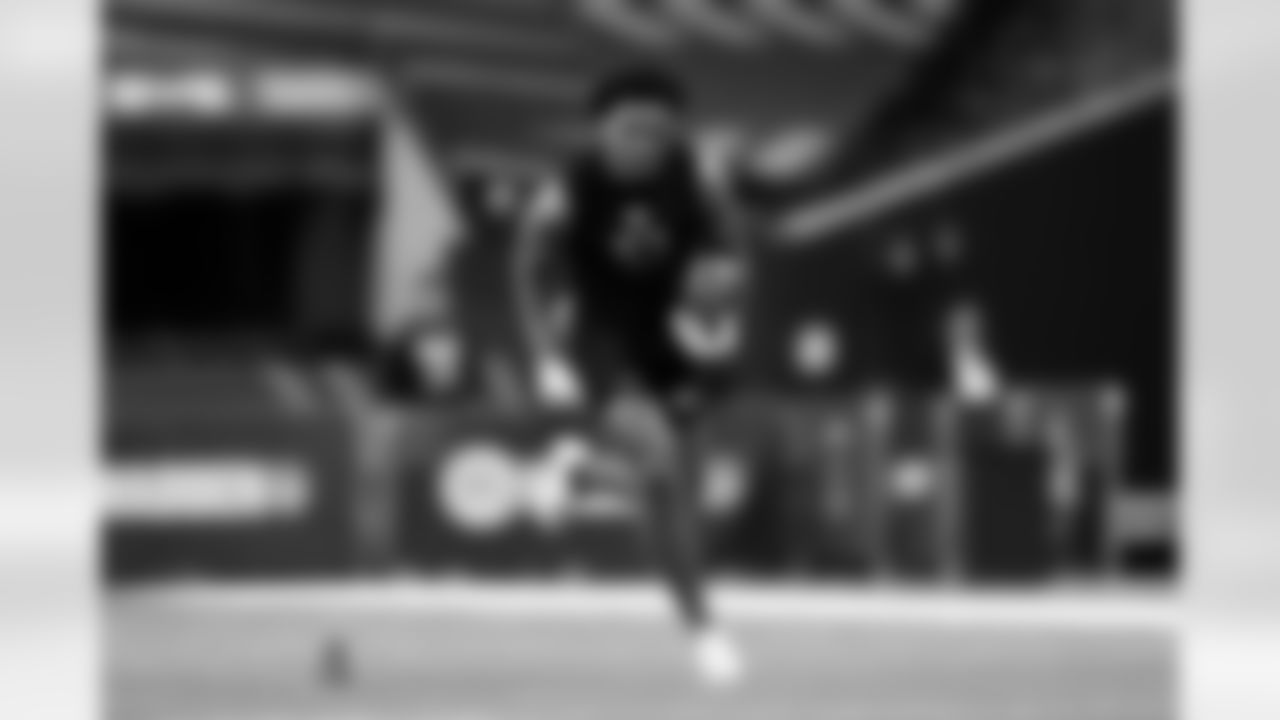 Miami defensive back Jakobe Thomas (53) participates in a drill during the 2026 NFL Scouting Combine on Friday, February 27, 2026 in Indianapolis, Indiana. (Cooper Neill/NFL)