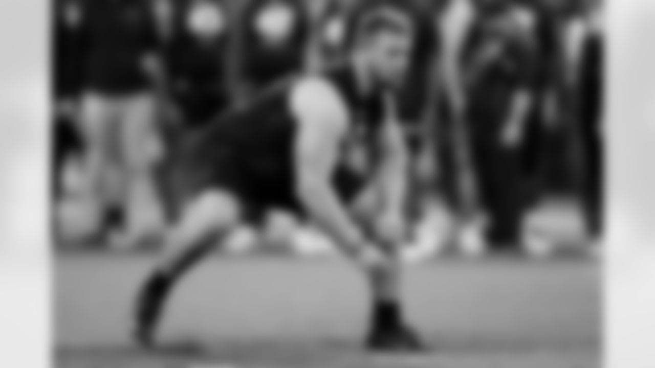 Ball State offensive lineman Danny Pinter runs a drill at the NFL football scouting combine in Indianapolis, Friday, Feb. 28, 2020. (AP Photo/Charlie Neibergall)