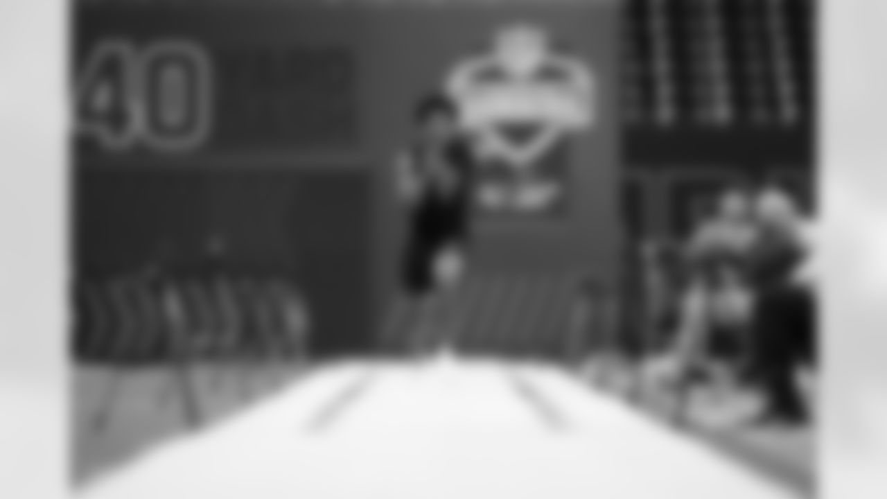 Toledo defensive back Avery Smith (30) runs the 40-yard dashduring the 2026 NFL Scouting Combine on Friday, February 27, 2026 in Indianapolis, Indiana. (Cooper Neill/NFL)