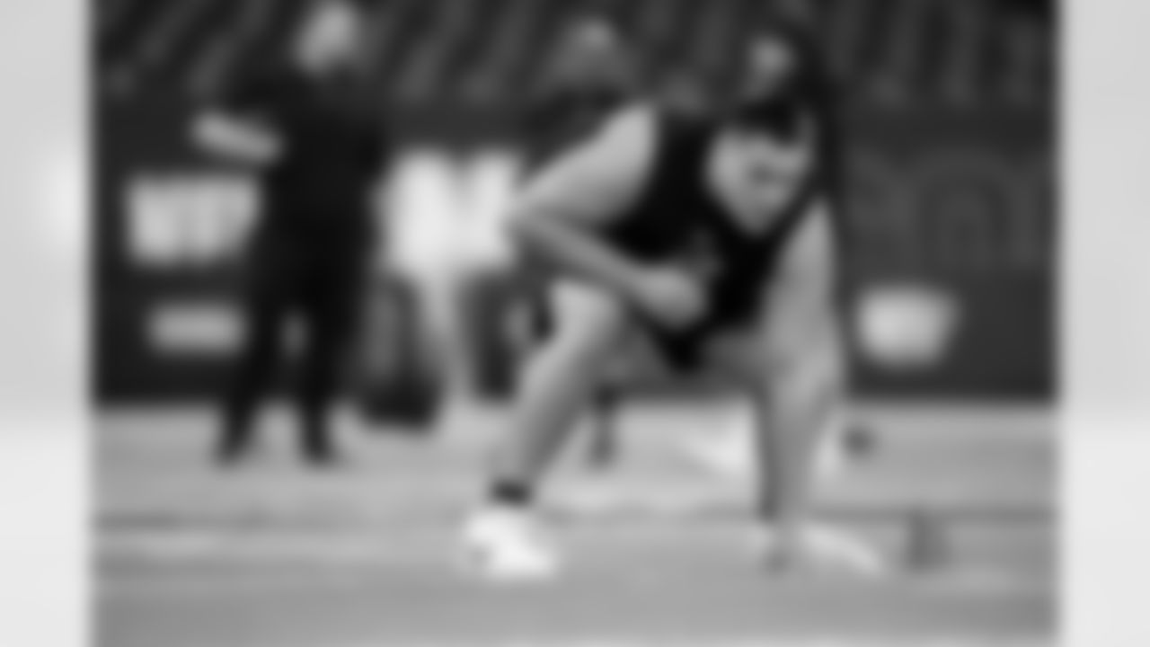 Notre Dame offensive lineman Billy Schrauth (45) participates in a drill during the 2026 NFL Scouting Combine on Sunday, March 1, 2026 in Indianapolis, Indiana. (Cooper Neill/NFL)