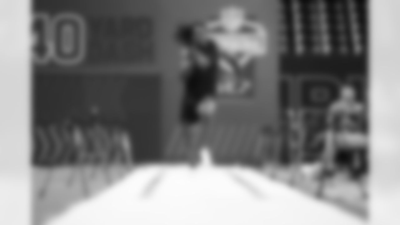 Penn State tight end Khalil Dinkins (05) runs the 40-yard dash during the 2026 NFL Scouting Combine on Friday, February 27, 2026 in Indianapolis, Indiana. (Cooper Neill/NFL)