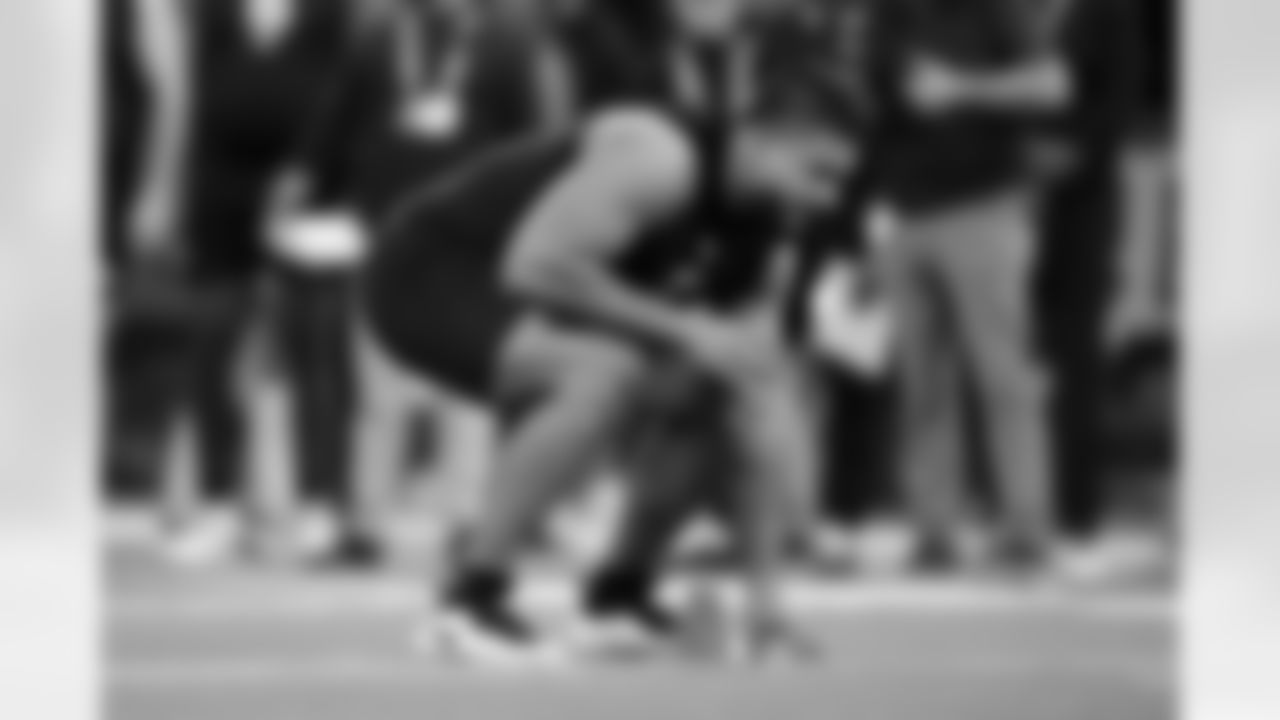 Kansas offensive lineman Enrique Cruz Jr. (17) participates in a drill during the 2026 NFL Scouting Combine on Sunday, March 1, 2026 in Indianapolis, Indiana. (Cooper Neill/NFL)