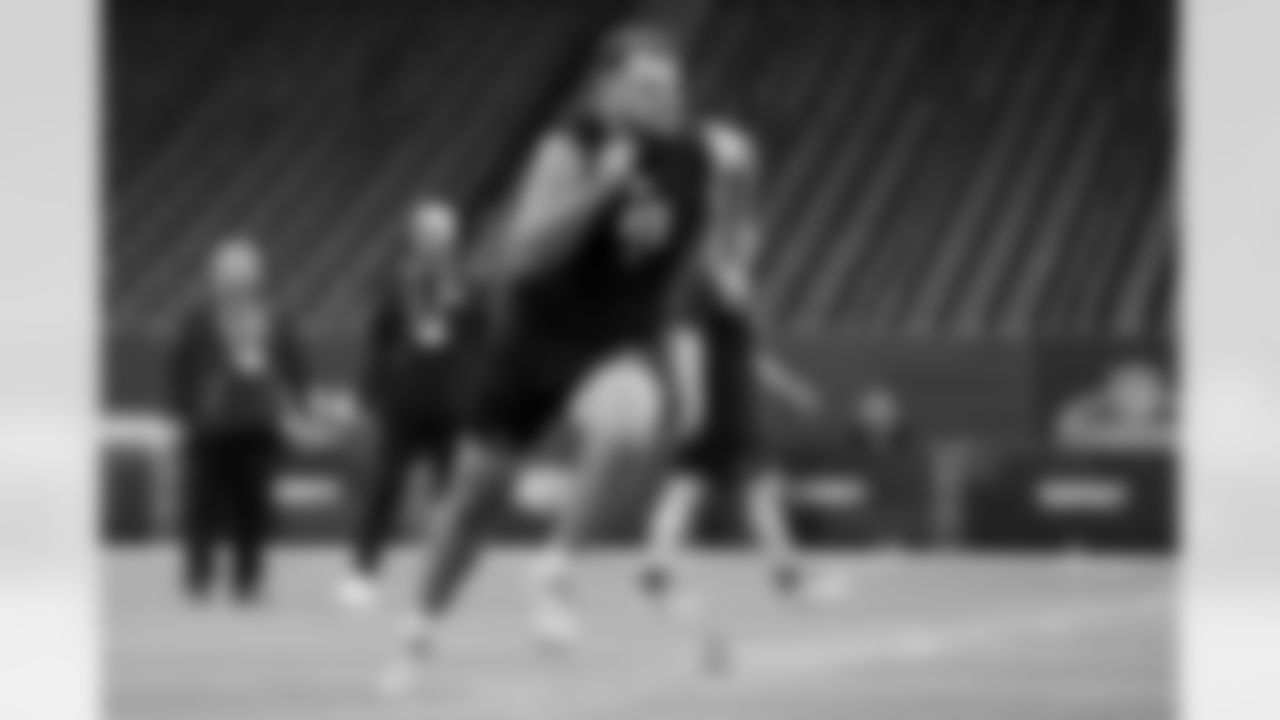 Boston College offensive lineman Logan Taylor (49) participates in a drill during the 2026 NFL Scouting Combine on Sunday, March 1, 2026 in Indianapolis, Indiana. (Lauren Leigh Bacho/NFL)