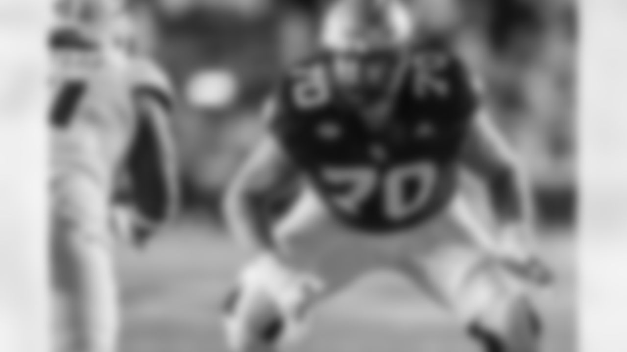 FILE - Boston College offensive lineman Ozzy Trapilo (70) anchors the line during the first half of an NCAA football game against Louisville, Friday, Oct. 25, 2024, in Chestnut Hill, Mass. (AP Photo/Greg M. Cooper, File)