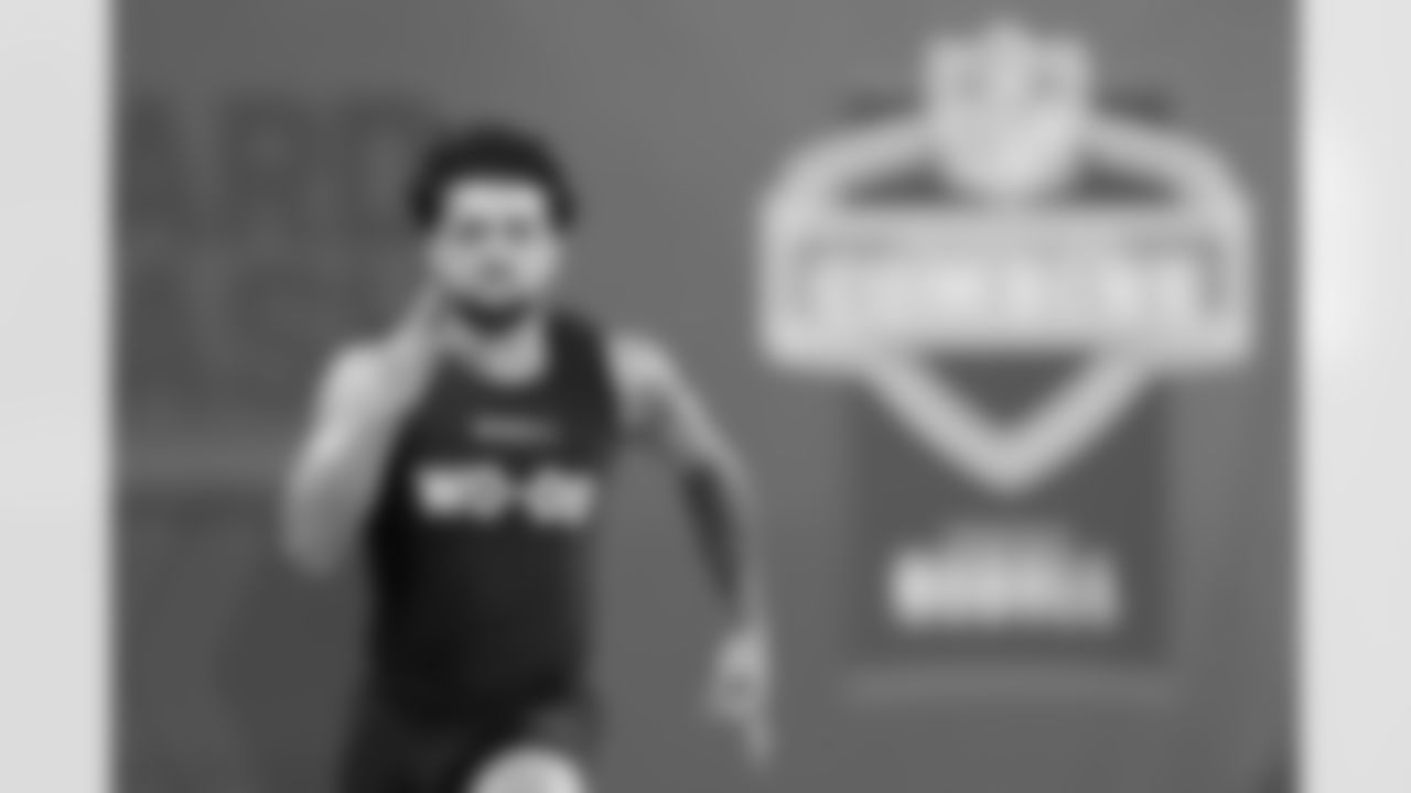 Oregon State wide receiver Anthony Gould runs the 40-yard dash at the NFL football scouting combine, Saturday, March 2, 2024, in Indianapolis. (AP Photo/Michael Conroy)