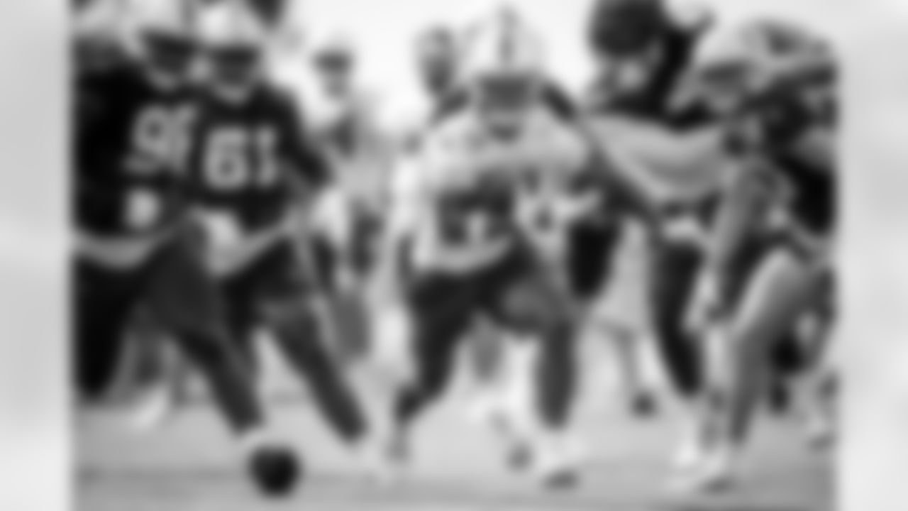 DT Eric Johnson II #98, RB Salvon Ahmed #36 and S Hunter Wohler #30
